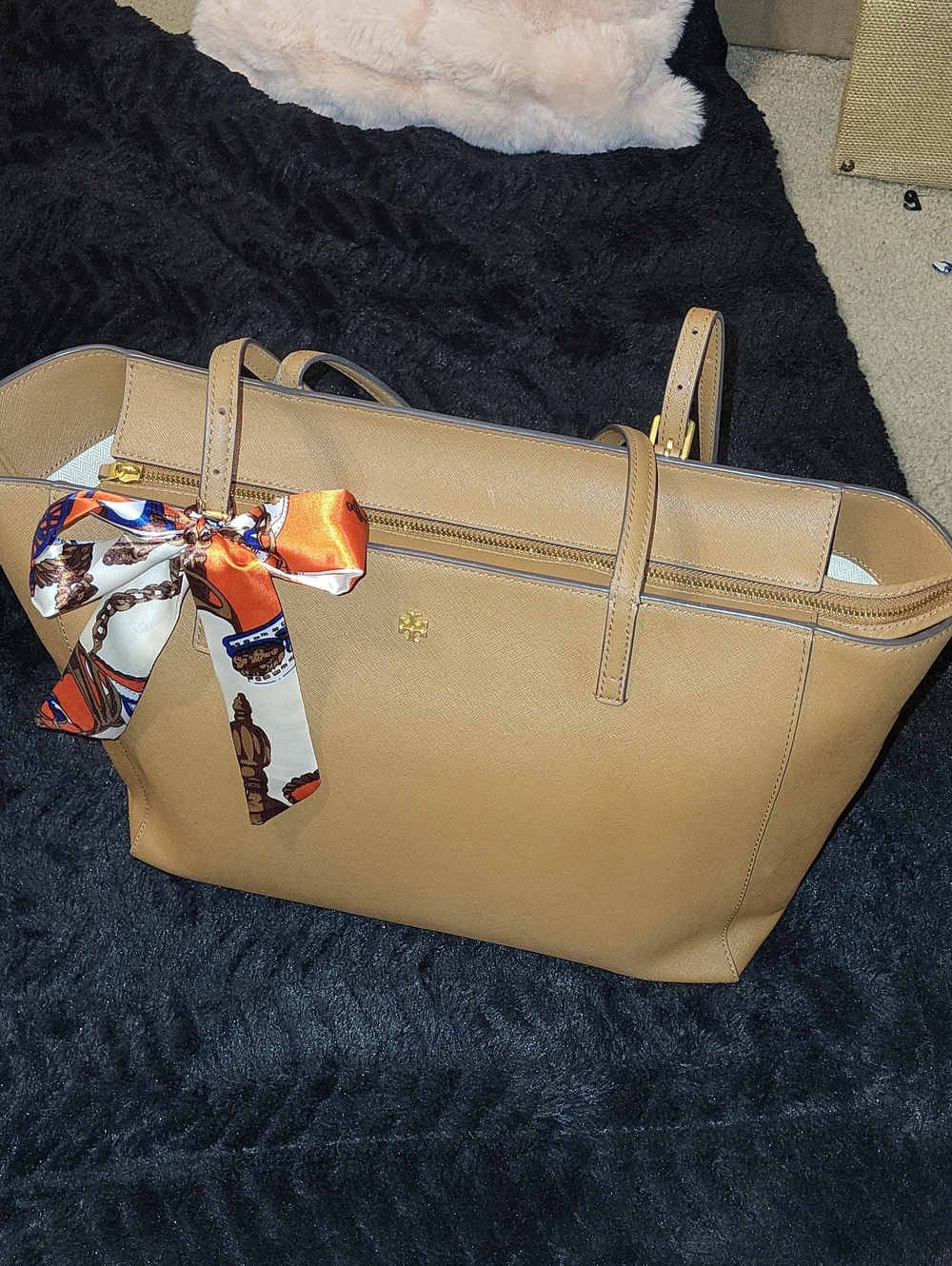 Tory Burch Tan Tote with Decorative Silk Scarf